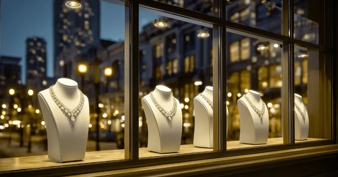 jewelry store necklaces in window