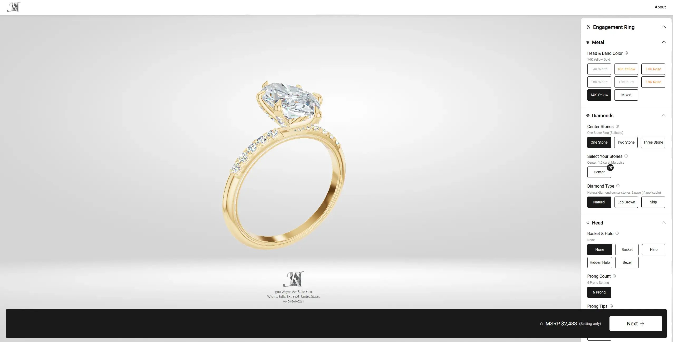 A 3D mockup of a diamond engagement ring set in yellow gold.