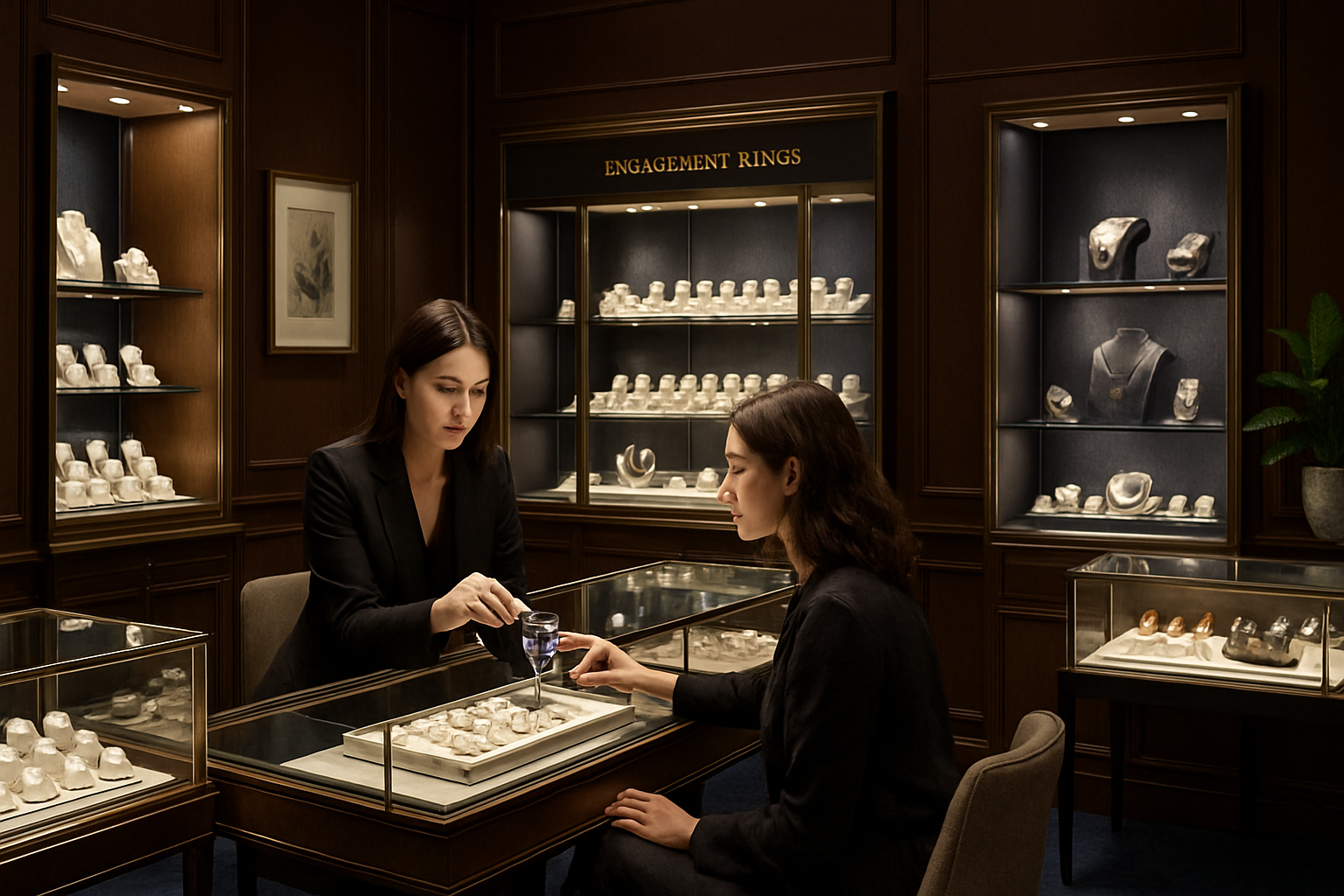 Jeweler and customer trying on rings