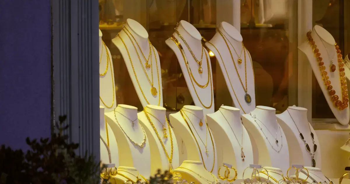 necklaces on display in a jewelry store